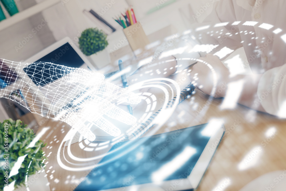Multi exposure of woman hands on background with technology coding hologram. Data concept. Multi exposure of woman hands on background with technology coding hologram. Data concept.