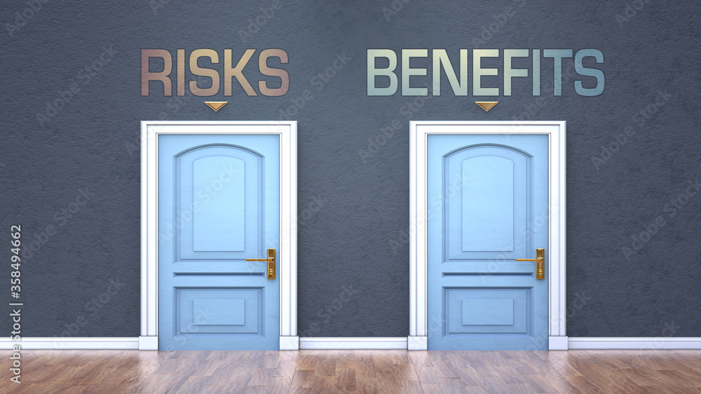 Risks and benefits as a choice - pictured as words Risks, benefits on doors to show that Risks and benefits are opposite options while making decision, 3d illustration