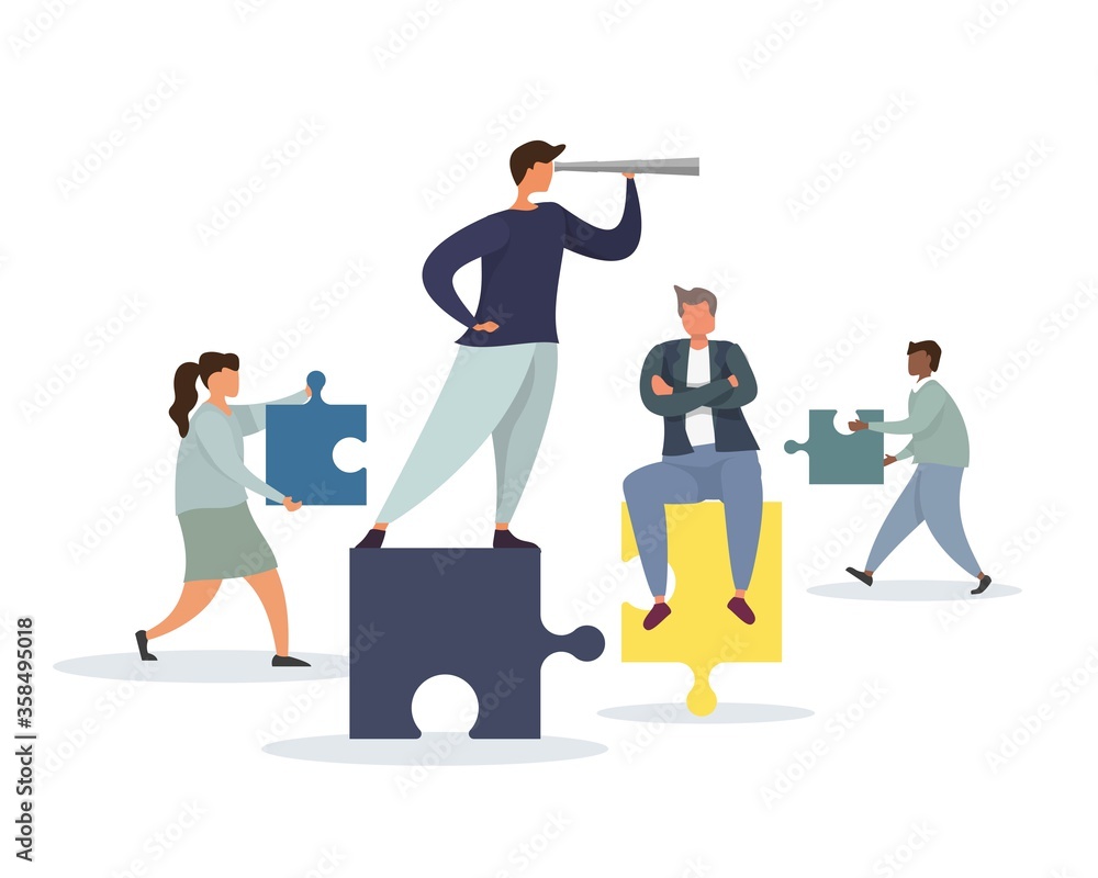Business leader concept. Team puzzle metaphor. People connecting puzzle elements. Flat illustration flat design simple style. Symbol different races teamwork, heterosexual cooperation, partnership