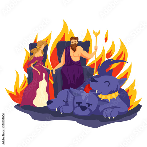 Hades and Persephone couple greek character ancient god male female sitting throne isolated on white, cartoon vector illustration. Hell hound hellenic safeguard afterlife kingdom on fire.