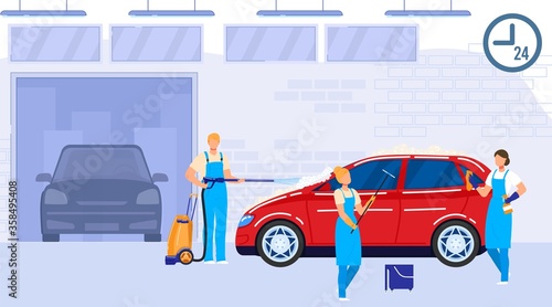 Cleaning car service vector illustration. Cartoon flat washers or cleaners people in uniform clean, wash with sponge and water spray, polish auto vehicle in carwash station garage interior background