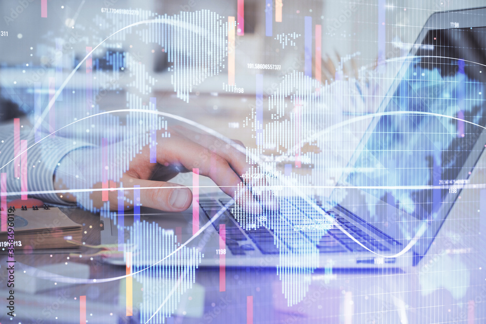 Multi exposure of businessman working on laptop on background. International business hologram in front. Concept of success. Multi exposure of businessman working on laptop on background. International business hologram in front. Concept of success.