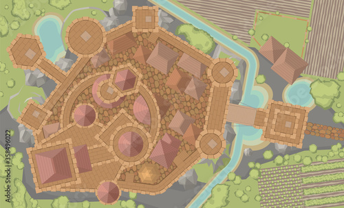 Vector illustration. Castle top view. Fortress view from above.