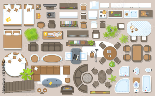 Icons set of interior, top view. Isolated Vector Illustration. Furniture and elements for living room, bedroom, kitchen, bathroom. Floor plan, view from above. Furniture store.