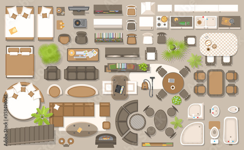 Icons set of interior, top view. Isolated Vector Illustration. Furniture and elements for living room, bedroom, kitchen, bathroom. Floor plan, view from above. Furniture store.