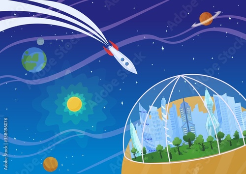Spaceship flying to planet, space settlement under dome, vector illustration. Space colonization, space settlement, extraterrestrial colonization concept. Future colony on planets.