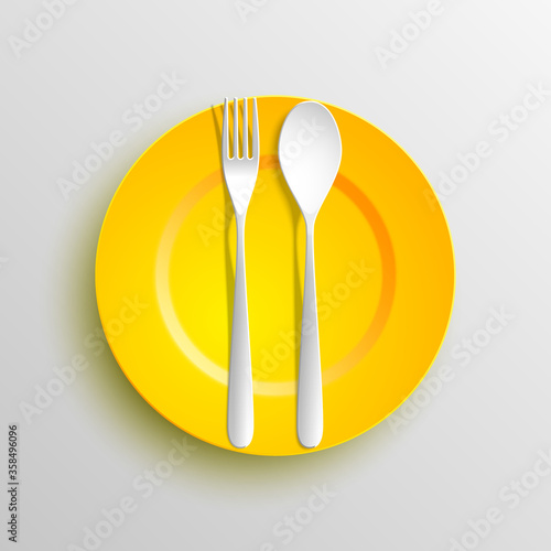 Plate, spoon and fork isolated on napkin background. Canteen icon. dining room badge. buffet icon. Here you can eat picture. Fast food restaurant badge. illustration