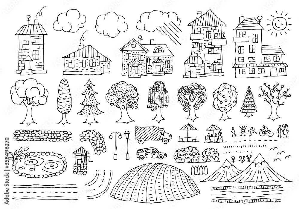 Vector doodle set. Elements of the city landscape.
Hand drawing simple sketches.