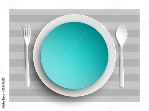 Plate, spoon and fork isolated on napkin background. Canteen icon. dining room badge. buffet icon. Here you can eat picture. Fast food restaurant badge. illustration
