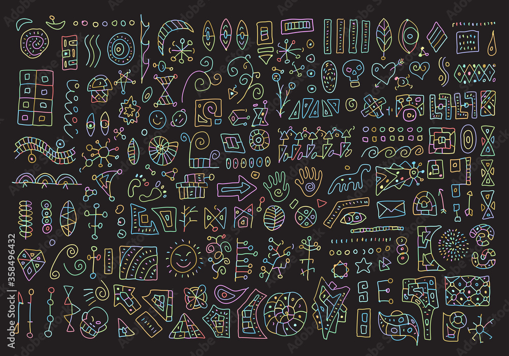 Obraz premium Vector doodle set. Ethnic elements for design, primitive art. Hand drawing simple sketches.