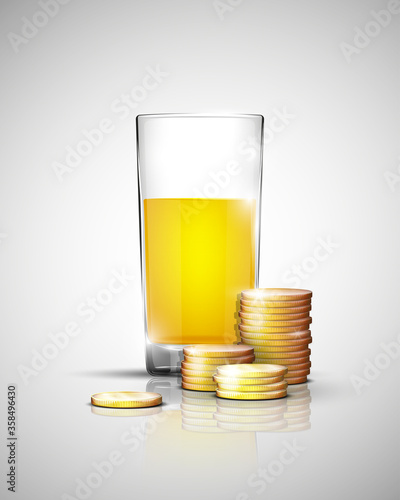 Glass of drink with pile gold coins on bottom. Savings when choosing a drink
