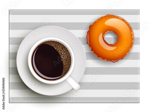 Cup of coffee on warfare dish, donut in glaze. Breakfast image, top view. Morning drink with sweetness. Hot coffee cup on white platter, donut glaze. Light snack top banner. Still life dessert