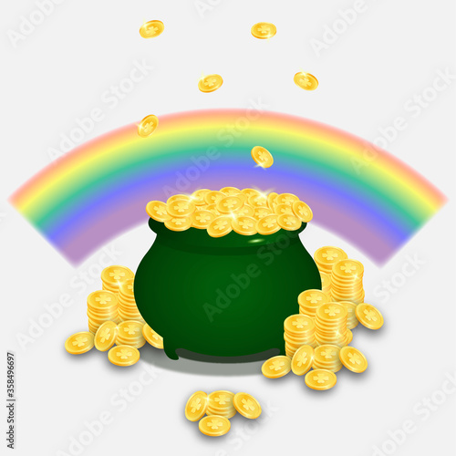 A cauldron full of gold coins surrounded by coins with falling coins with a rainbow. Vector illustration.