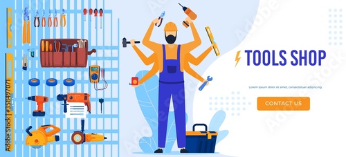Electric tools shop, technician worker electrician performing electrical works, equipments and tools flat vector illustration. Electricity works, repairs and maintenance webpage.