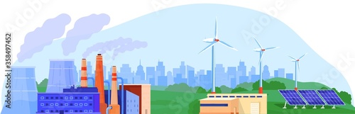 Power energy generator vector illustration. Cartoon flat landscape with power generating plant, nuclear reactor station, wind turbine, solar panel. Alternative eco renewable energy isolated on white