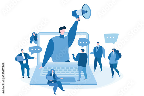 Referral, promotion person coming out of laptop with people around it. Vector illustration for web banner, infographics, mobile. Marketing consumer audience communication service . advertising.