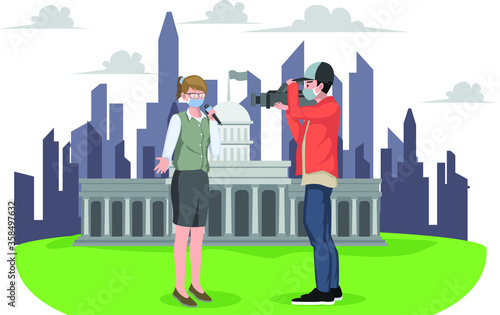 Reporter is reporting news in front of white house