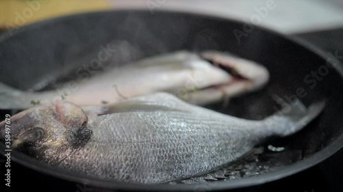 Presentation of fresh sea bream on grill pan ready to cook photo