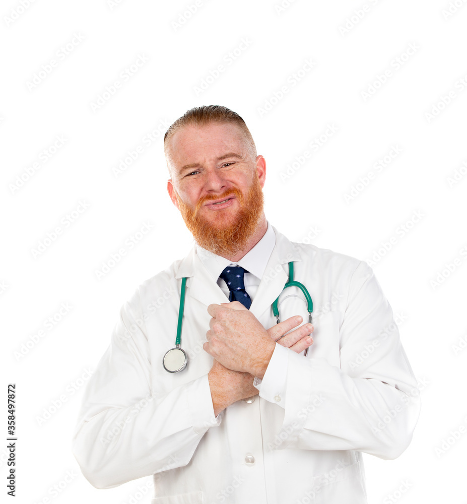 Redhead doctor touching his heart Redhead doctor touching his heart