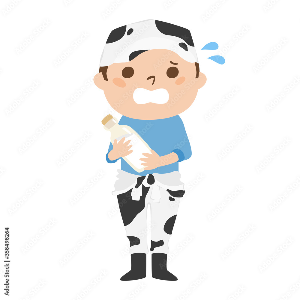 牛柄のつなぎを着た男性酪農家 汗をかいて 慌てる男性のイラスト Stock Vector Adobe Stock 牛柄のつなぎを着た男性酪農家 汗をかいて 慌てる男性のイラスト Stock Vector Adobe Stock