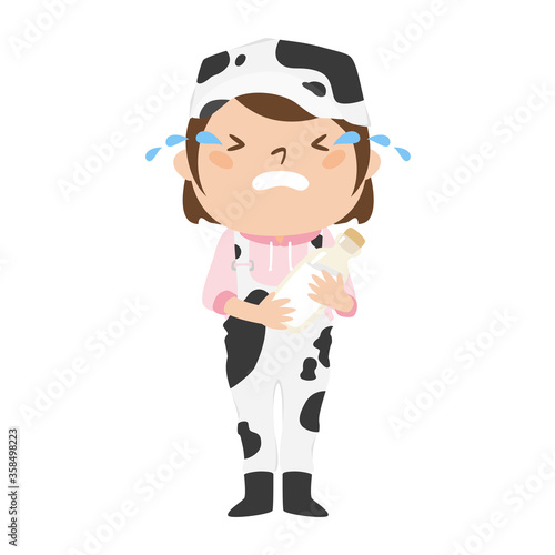 牛柄のつなぎを着た女性酪農家。悲しくて泣いてる女性のイラスト。