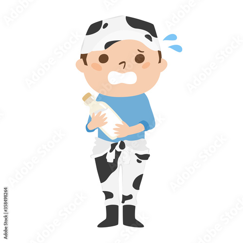 牛柄のつなぎを着た男性酪農家。汗をかいて、慌てる男性のイラスト。