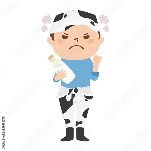 牛柄のつなぎを着た男性酪農家。怒ってる男性のイラスト。