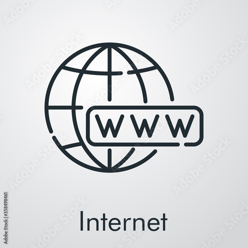 Concepto website. Icono plano lineal palabra www en globo terráqueo en fondo gris