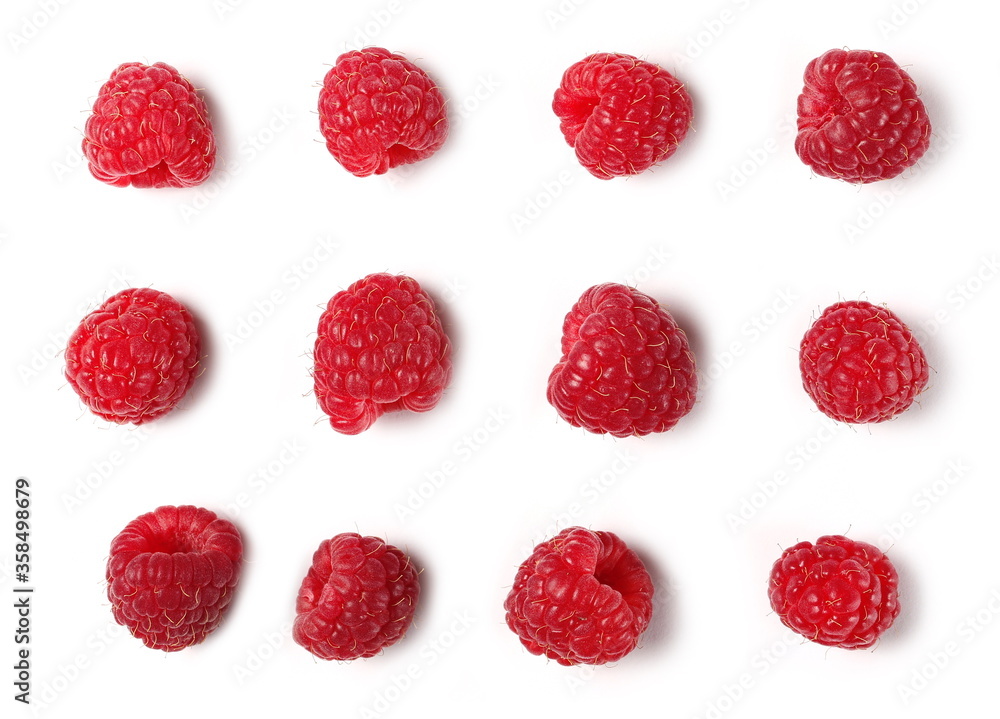 Fresh raspberries set and collection isolated on white background, top view Fresh raspberries set and collection isolated on white background, top view