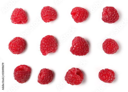 Fresh raspberries set and collection isolated on white background, top view