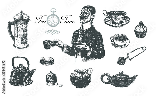 Five o'clock Tea time set with teacup, teapot, strainer. Gentleman holding cup and saucer. Vintage engraving style. Victorian Era hand drawn vector illustration