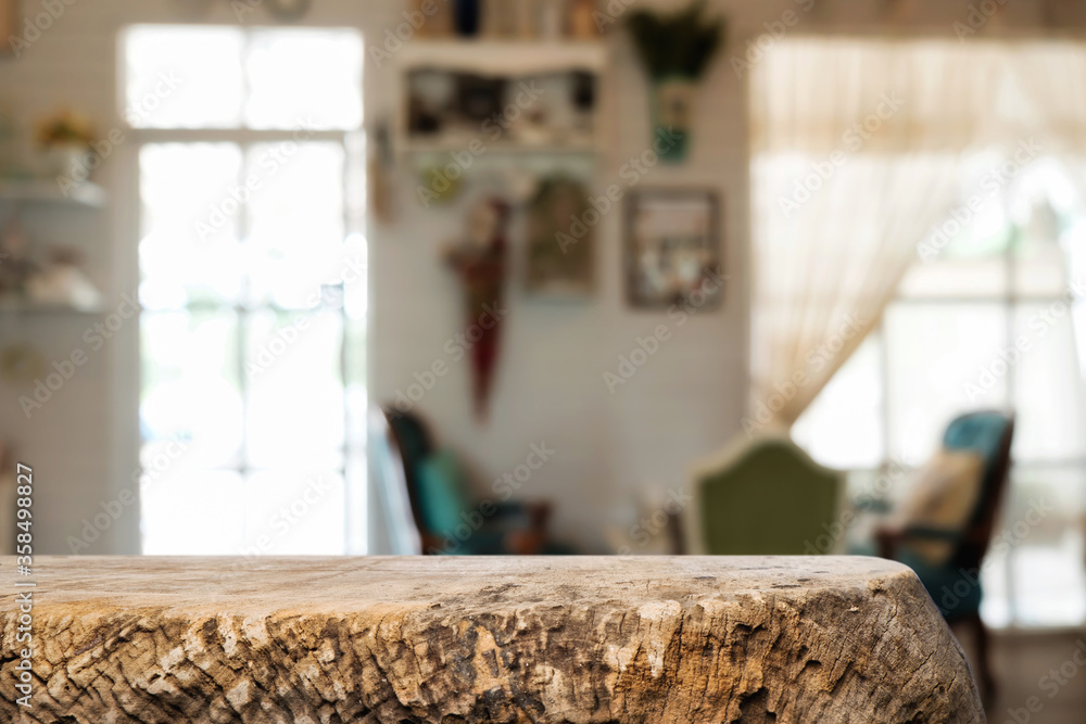 Empty wooden table space platform and blurred restaurant or coffee shop background for product display montage. Empty wooden table space platform and blurred restaurant or coffee shop background for product display montage.
