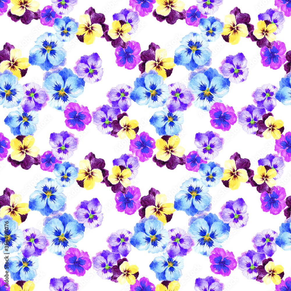Watercolor gouache pansy floral hand drawn floral illustration seamless pattern