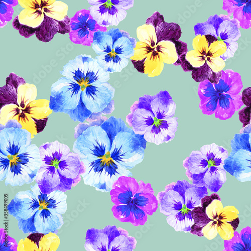 Watercolor gouache pansy floral hand drawn floral illustration seamless pattern
