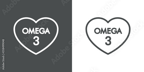 Concepto nutrición. Icono plano lineal con texto Omega 3 sobre corazón en fondo gris y fondo blanco