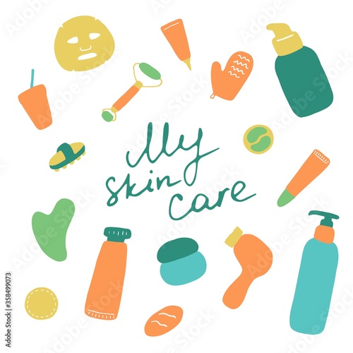 My skin care. Cosmetic products and accessories. Beauty icons for digital and print. Hand drawn flat vector graphic