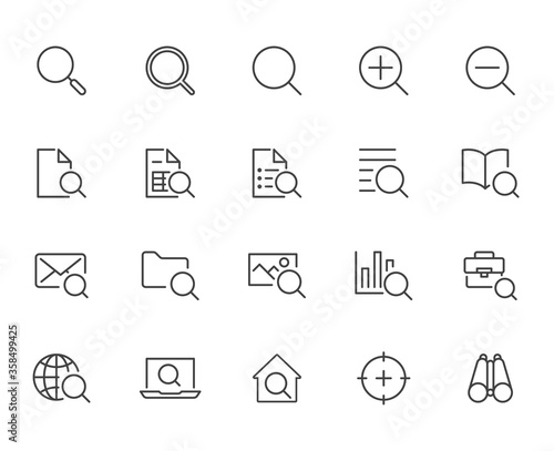 Search line icons set. Zoom, find document, magnify glass symbol, look tool, binoculars minimal vector illustrations. Simple flat outline signs for web interface. Pixel Perfect Editable Stroke