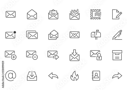 Email line icons set. Letter, spam mail, open envelope, postage stamp, mailbox, new document minimal vector illustrations. Simple flat outline signs for web. Pixel Perfect. Editable Stroke
