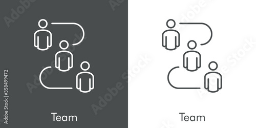 Concepto trabajo en equipo. Icono plano lineal grupo de hombres unidos por líneas en fondo gris y fondo blanco