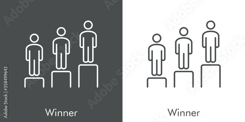 Concepto éxito en los negocios. Icono plano lineal palabra Winner con grupo de hombres en pedestal en fondo gris y fondo blanco