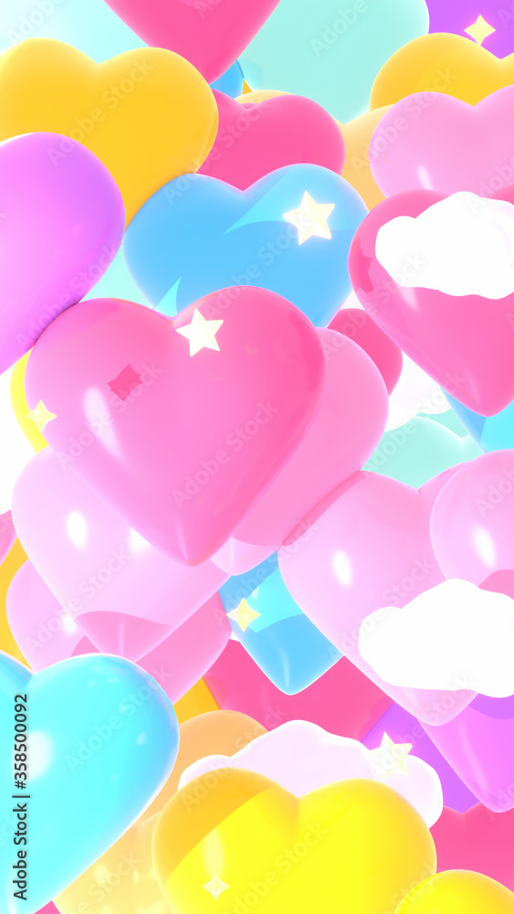 Sweet heart shape candy, fluffy marshmallow clouds, and yellow stars pattern. 3d rendering picture. (vertical)