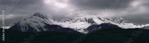 Dramatic dark  mysterious  and moody mountains in the foggy Pacific Northwest