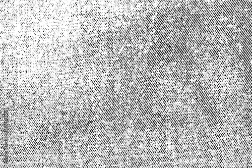 Grunge texture of coarse cloth with diagonal fibers. Monochrome halftone fabric background with dots, stripes, spots, noise and grain. Overlay template. Vector illustration