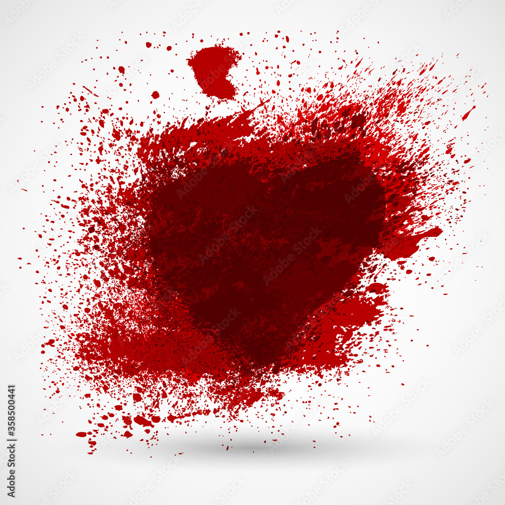 Vector grunge heart, Valentine day, illustration vintage design element. Bloody red hand-drawn symbol with splashes
