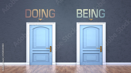 Obraz na plátne Doing and being as a choice - pictured as words Doing, being on doors to show th