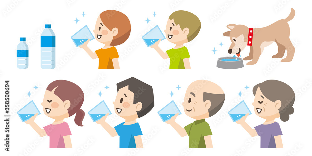 水を飲む人々や犬のイラストレーション