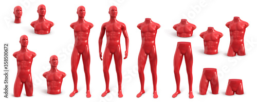 Naked plastic male mannequin for clothes red color. Set from different parts of the male body. Front view. Vector 3d illustration isolated on white background.