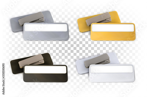 Set of rectangular metal identification plates with empty white space for text, logo, name in gold, silver, black and white color. Vector 3d realistic business mock up.