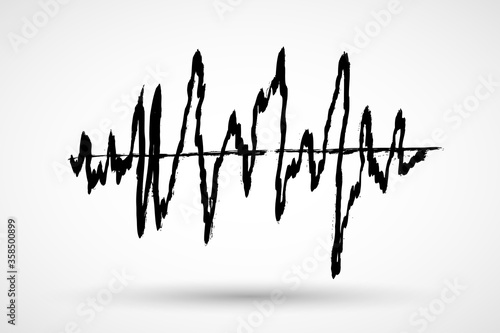 Hand drawn sound waves illustration. Marker or brush ink grunge hand drawn various black sound waves. Sketch of voice recording, radio signal frequency, white noise volume elements tune equalizer. 