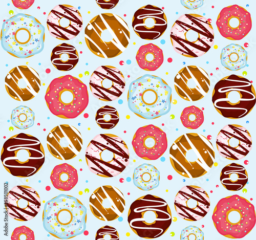 Vector seamless pattern with colorful donuts on blue background. Donuts with pink, chocolate, blue glaze sprinkles and different topping, decorations. Template for design.